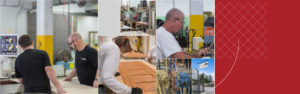 Collage of people working in a mill shop