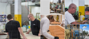 Collage of images of people working in a mill shop