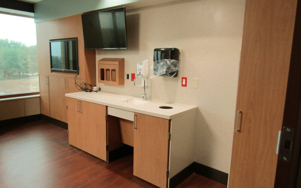 Wall paneling, cabinets, and sink area in patient room in hospital