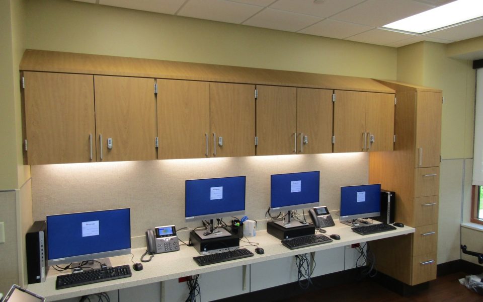 Cabinets at computer station in hospital