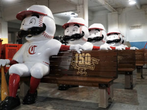 row of commemorative reds benches