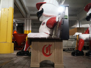side view of commemorative reds benches
