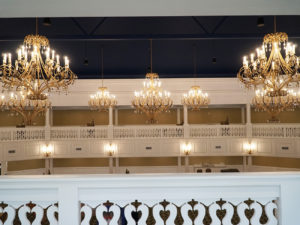 Chandeliers and railing