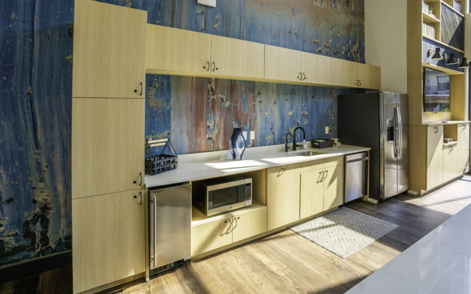 counter bar and cabinets at Union Apartments lounge